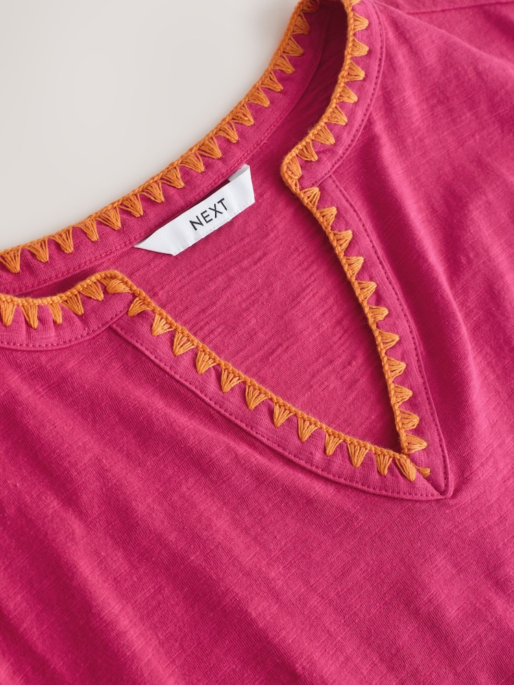 Pink Bubblehem Notch Neck Whipstitch Short Sleeve Top - Image 3 of 3