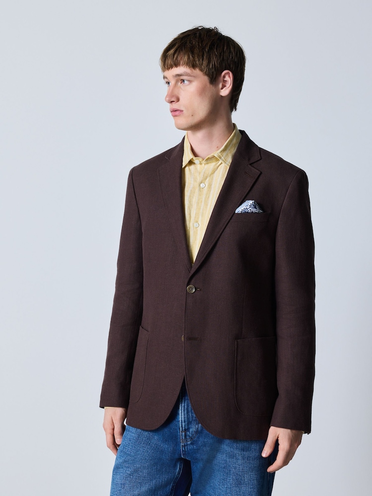 Chocolate Brown Slim Fit Textured Linen Blend Blazer - Image 1 of 12 Chocolate Brown Slim Fit Textured Linen Blend Blazer - Image 1 of 12