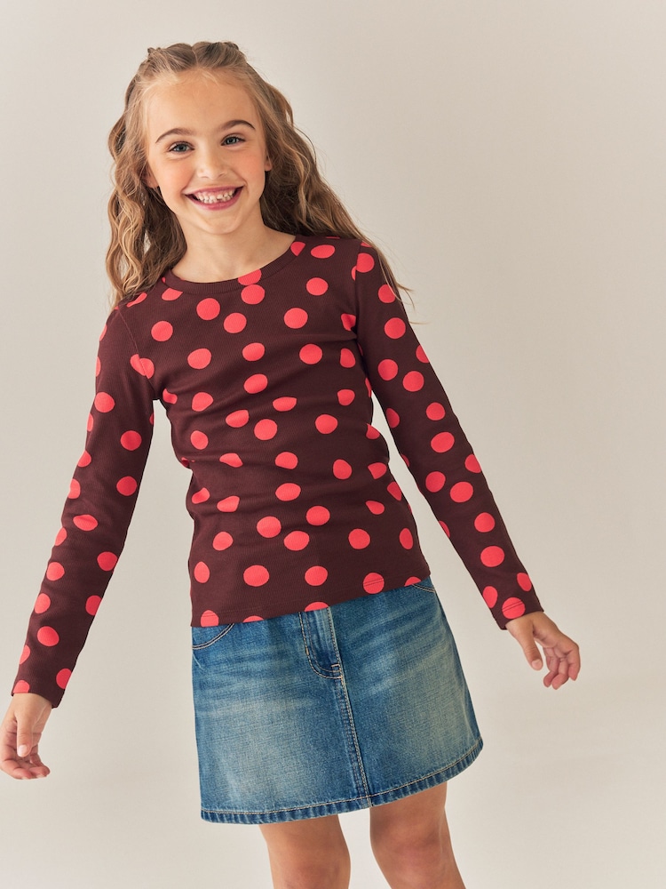 Chocolate Brown Spot Long Sleeve Ribbed Top (3-16yrs) - Image 2 of 7 Chocolate Brown Spot Long Sleeve Ribbed Top (3-16yrs) - Image 2 of 7