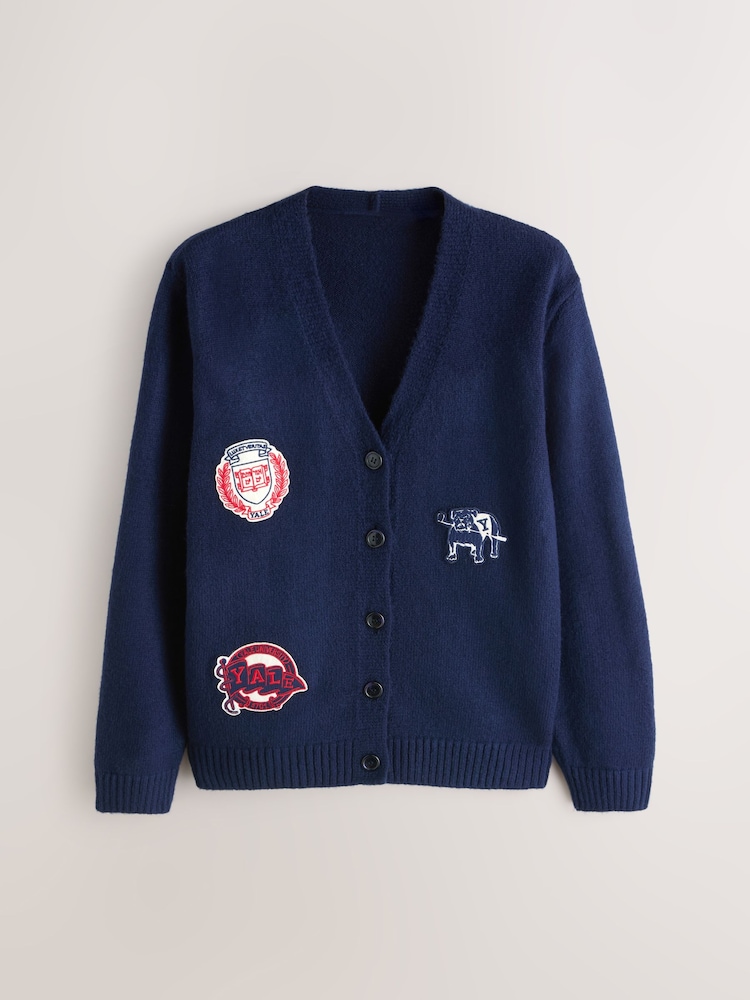Navy Blue Relaxed Fit Collegiate Badge Detail Cardigan - Image 1 of 4