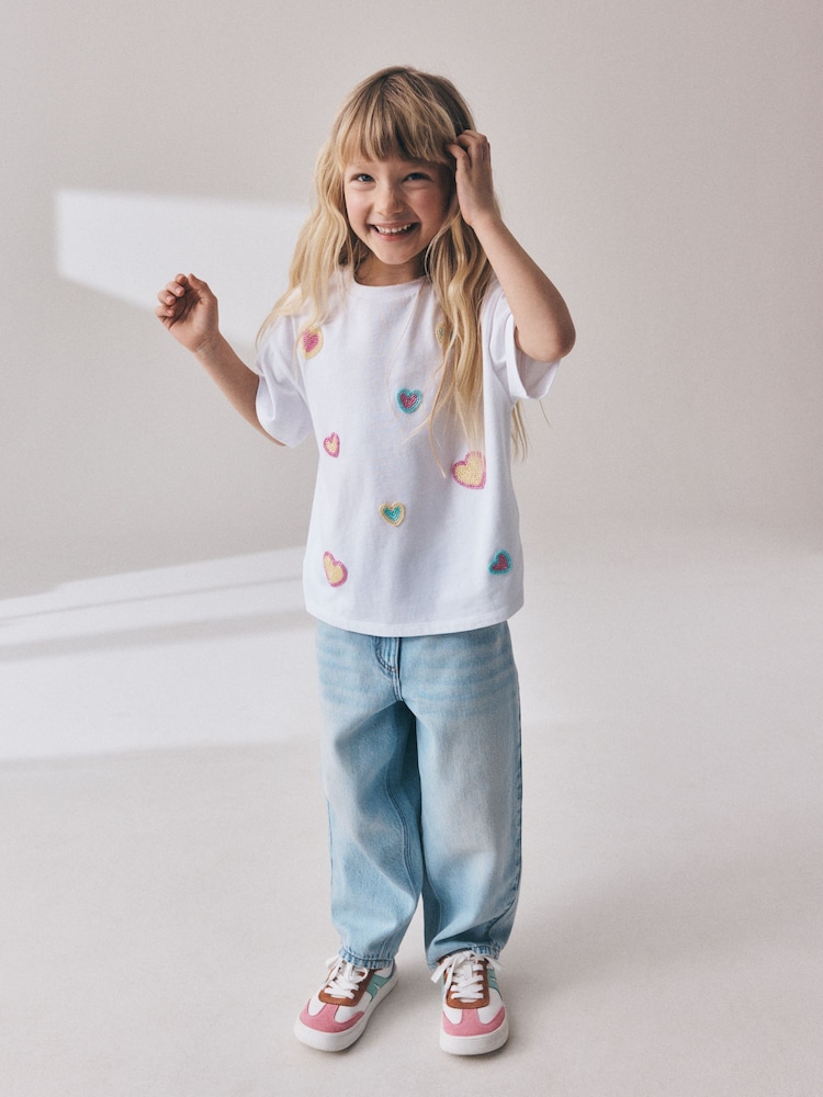 White Pastel Hearts Beaded T-Shirt (3-16yrs) - Image 1 of 4