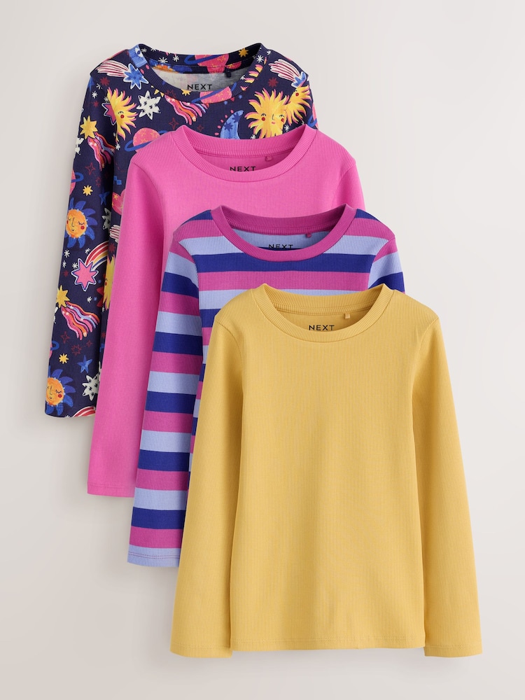 Navy/Pink Long Sleeve Ribbed T-Shirts 4 Pack (3-16yrs) - Image 1 of 8