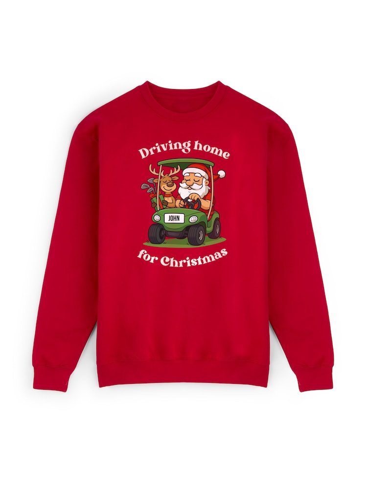 Personalised "Driving home for Christmas" Red sweatshirt by My American Golf. - Image 1 of 4 Personalised "Driving home for Christmas" Red sweatshirt by My American Golf. - Image 1 of 4