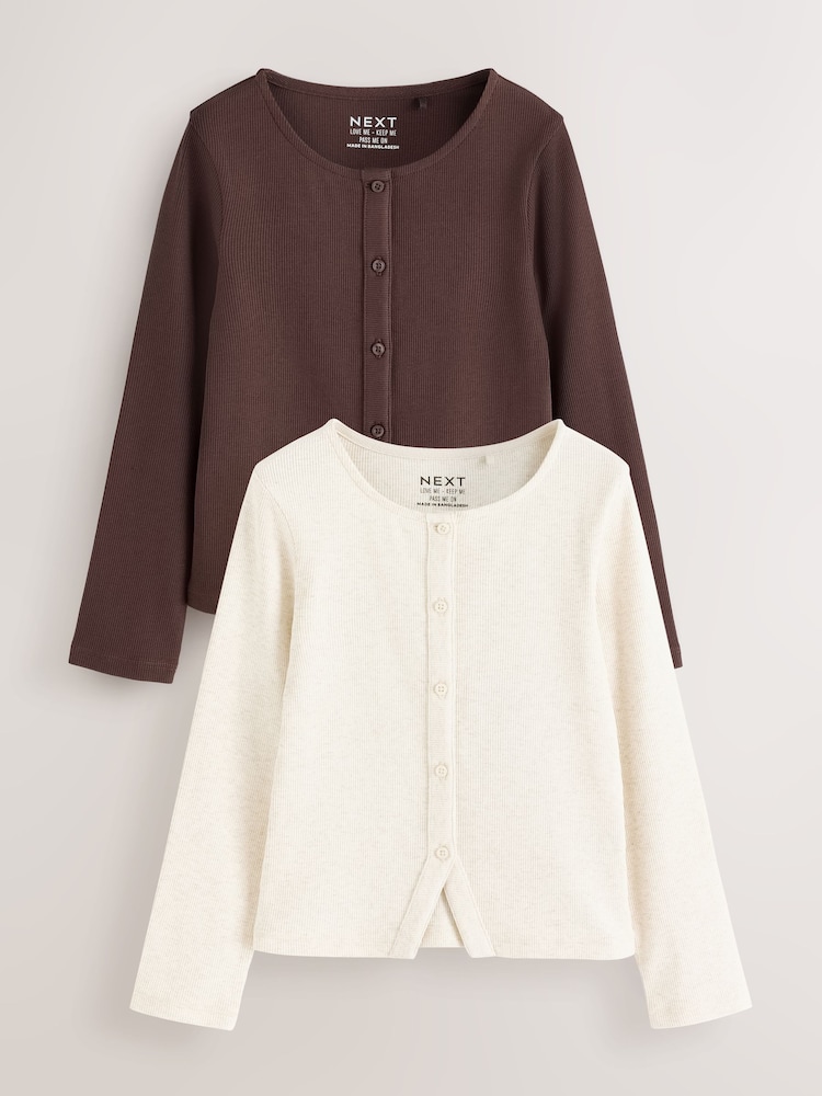 クリーム/ブラウン - Long Sleeve Ribbed Cardigan 2 Pack (3-16yrs) - 画像 1 / 8