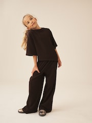 Chocolate Brown Textured Asymmetric T-Shirt and Wide Leg Set (3-16yrs) - Image 1 of 8