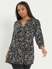 Yours Curve Black 3/4 Sleeve Placket Top - Image 1 of 5