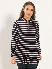 Yours Curve Black Ribbed 1/4 Zip Neck T-Shirt - Image 1 of 5