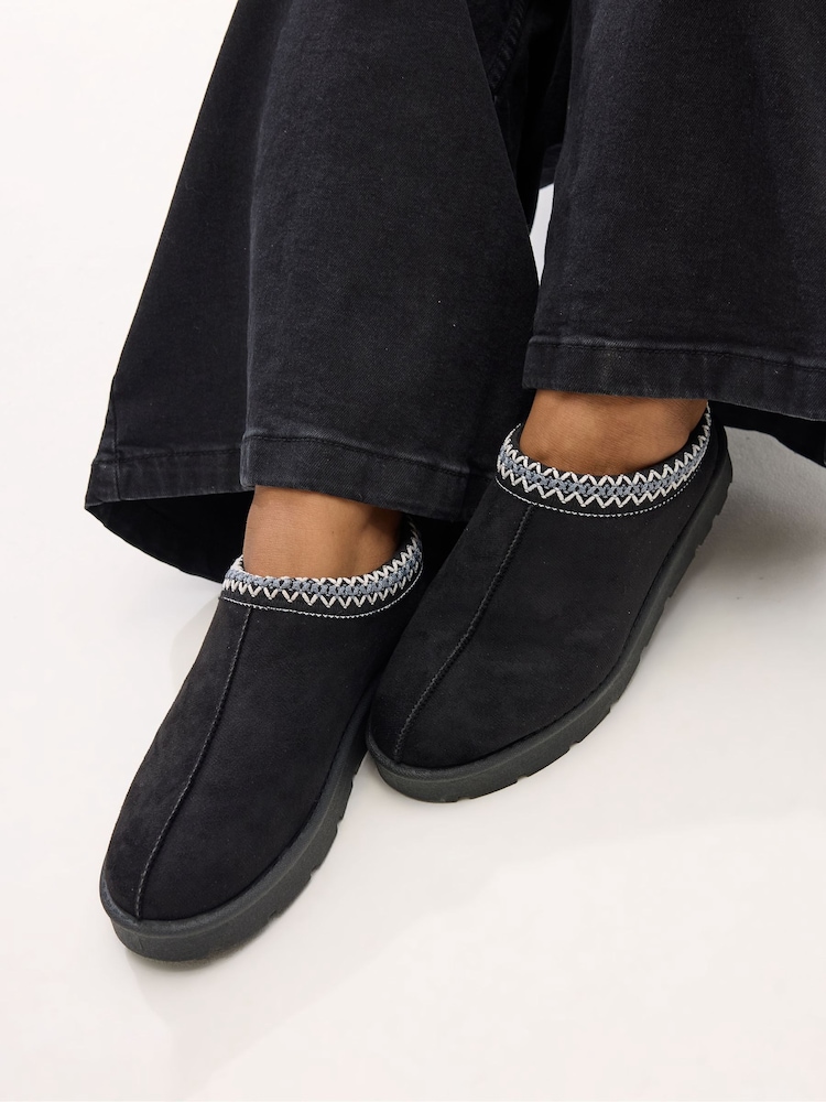 Yours Curve Black Faux Suede Embroidered Mules - Image 1 of 4 Yours Curve Black Faux Suede Embroidered Mules - Image 1 of 4