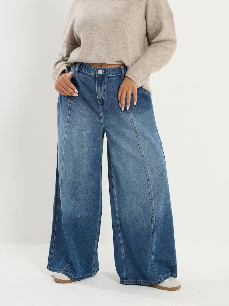 Yours Curve Blue Rigid Plazzo Front Seam Jeans - Image 1 of 5