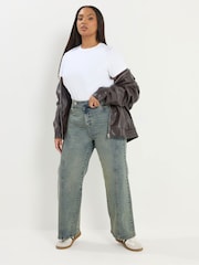 Yours Curve Blue Sandblast Wide Leg Jeans - Image 3 of 6