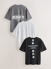 Black Mono Japanese Relaxed Fit Graphic Print T-Shirts 3 Pack - Image 1 of 13