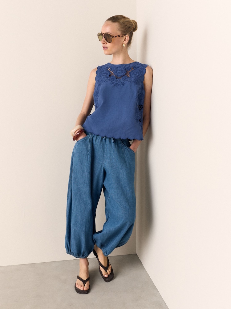 Blue Floral Cutwork Sleeveless Shell Top - Image 2 of 8 Blue Floral Cutwork Sleeveless Shell Top - Image 2 of 8