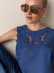 Blue Floral Cutwork Sleeveless Shell Top - Image 4 of 8