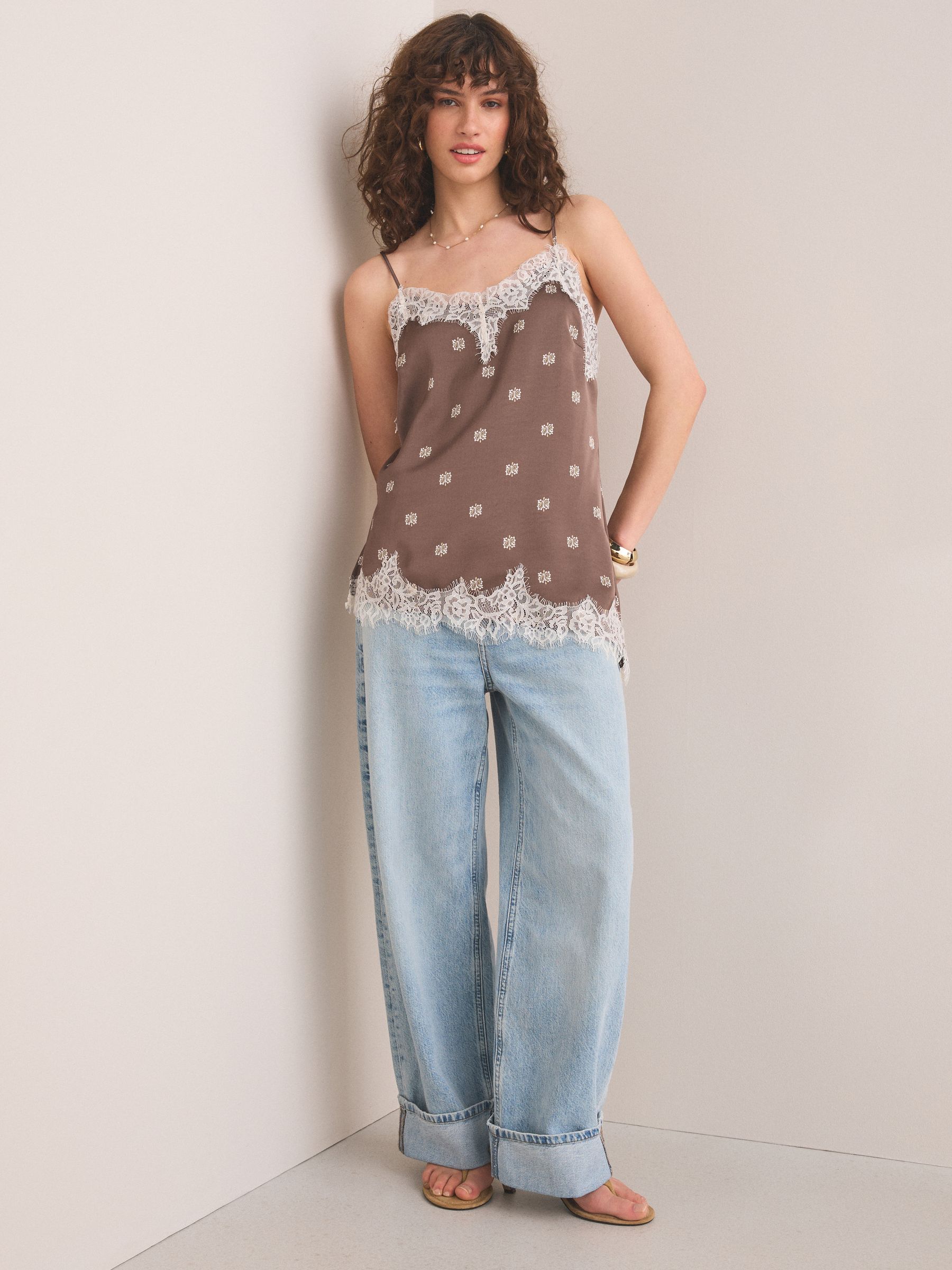Buy Brown Paisley Scarf Print Asymmetric Hem Lace Cami Top from
