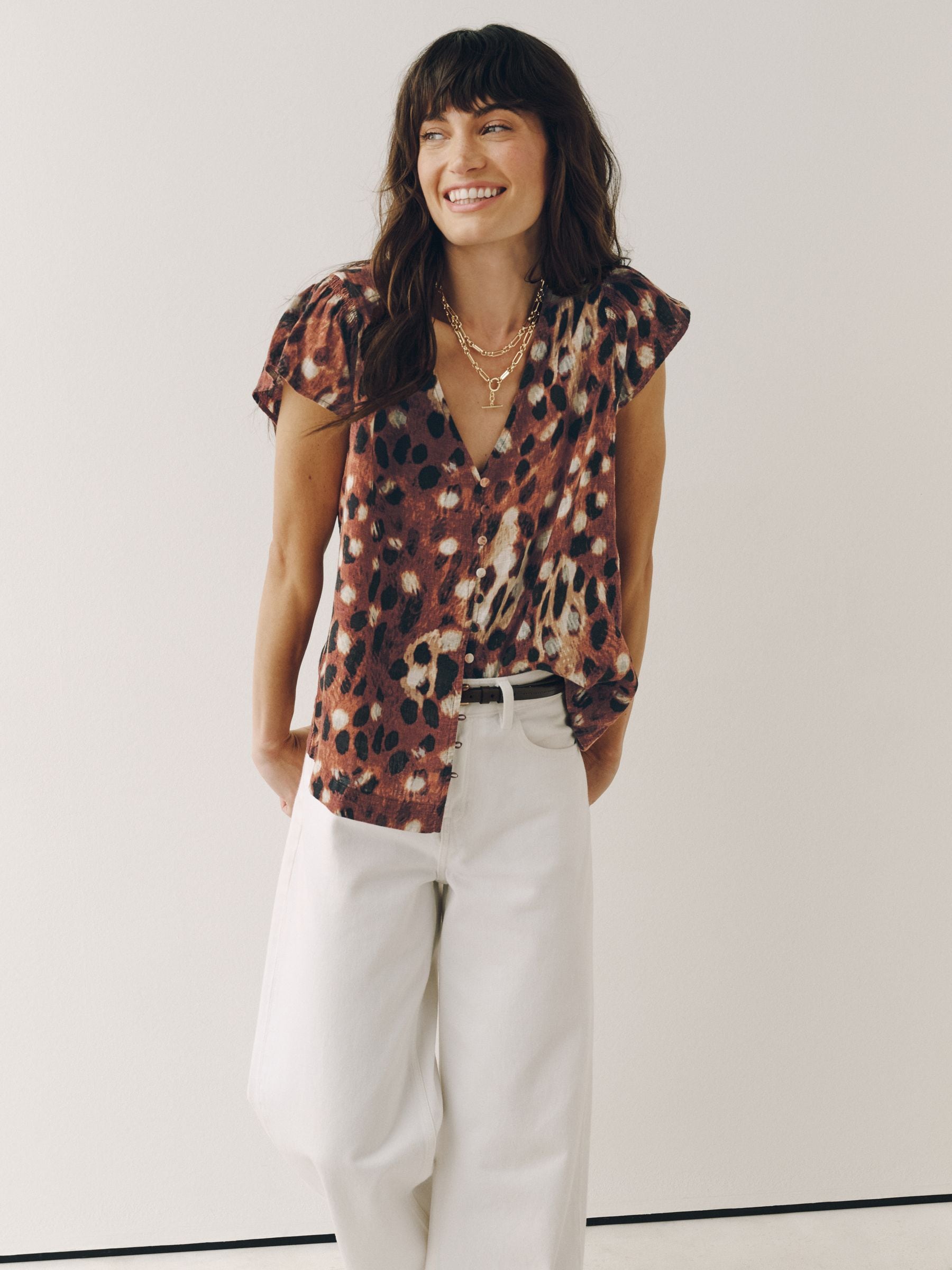 Buy Brown Deer Print V-Neck Short Sleeve Blouse With Linen from