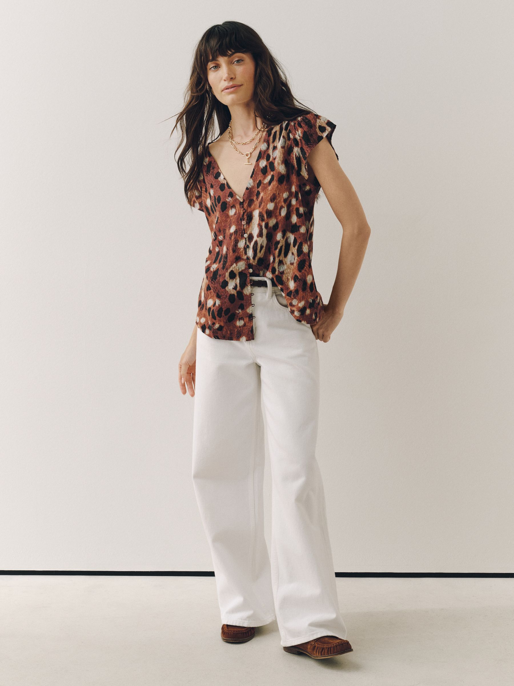 Buy Brown Deer Print V-Neck Short Sleeve Blouse With Linen from