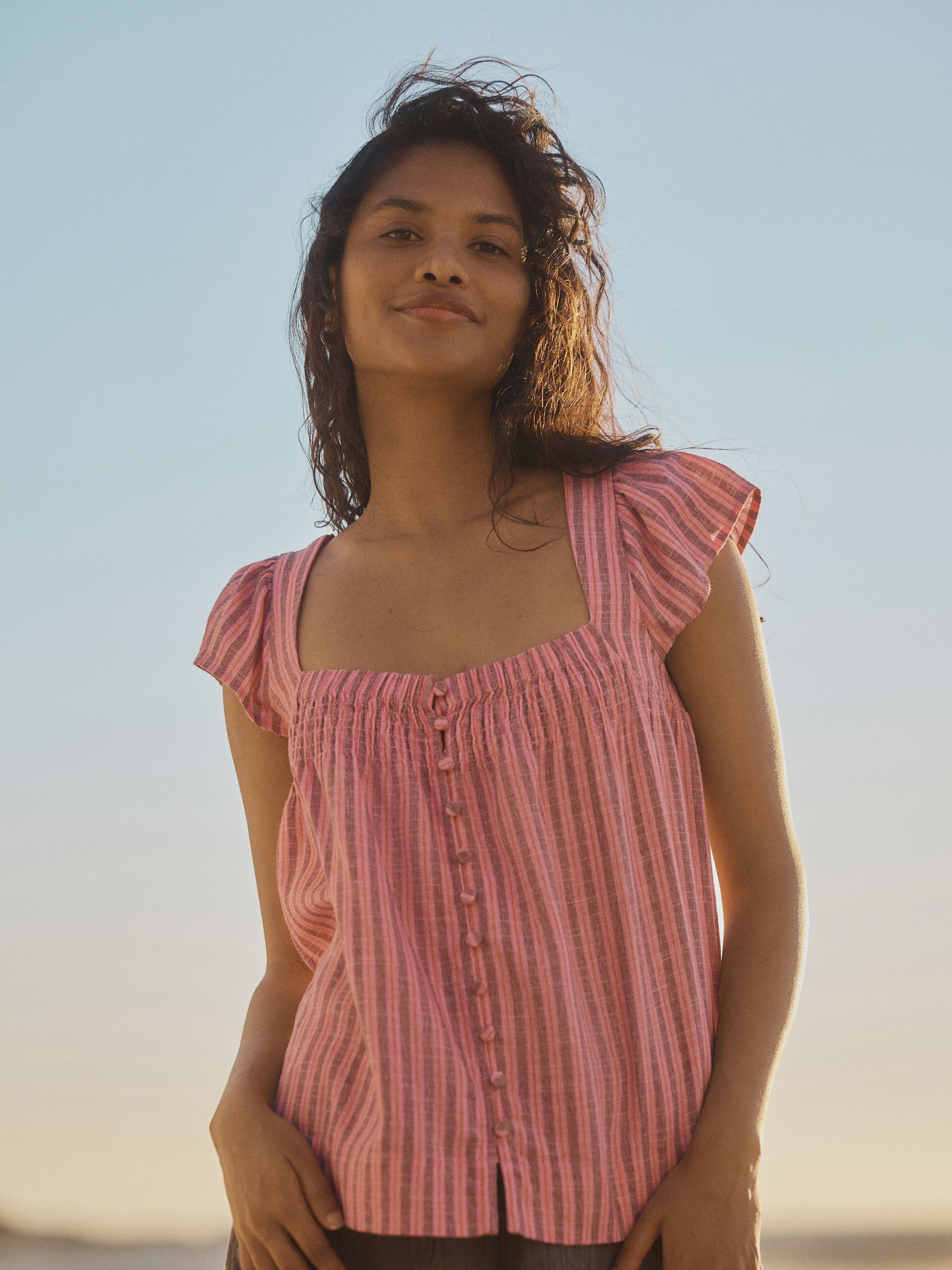 Pink Stripe Flutter Sleeve Button Front Top With Linen