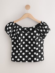 Black/White Polka Dot Milkmaid Puff Sleeve Top - Image 1 of 3