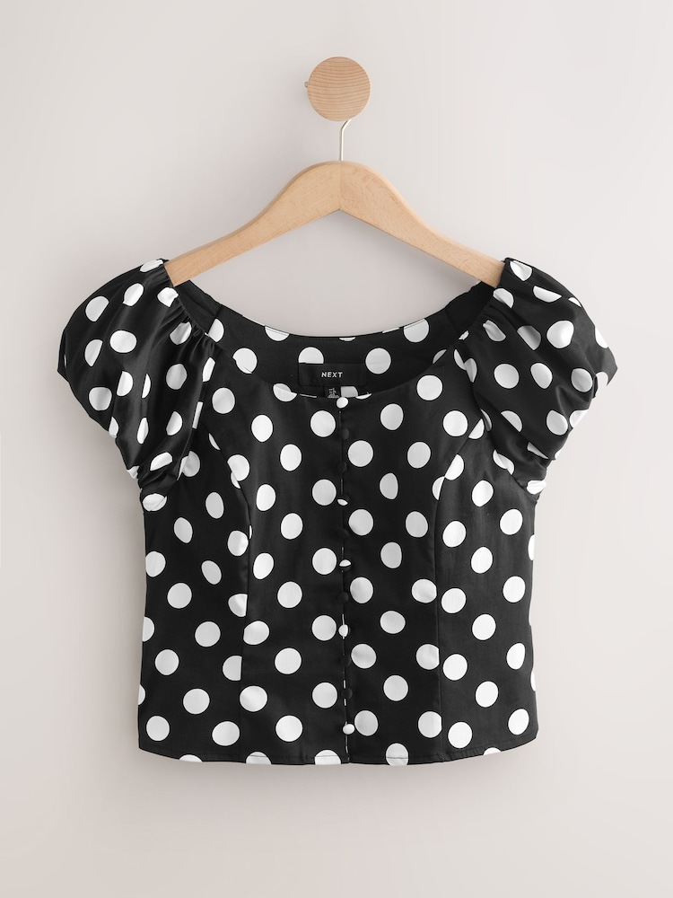 Black/White Polka Dot Milkmaid Puff Sleeve Top - Image 1 of 3