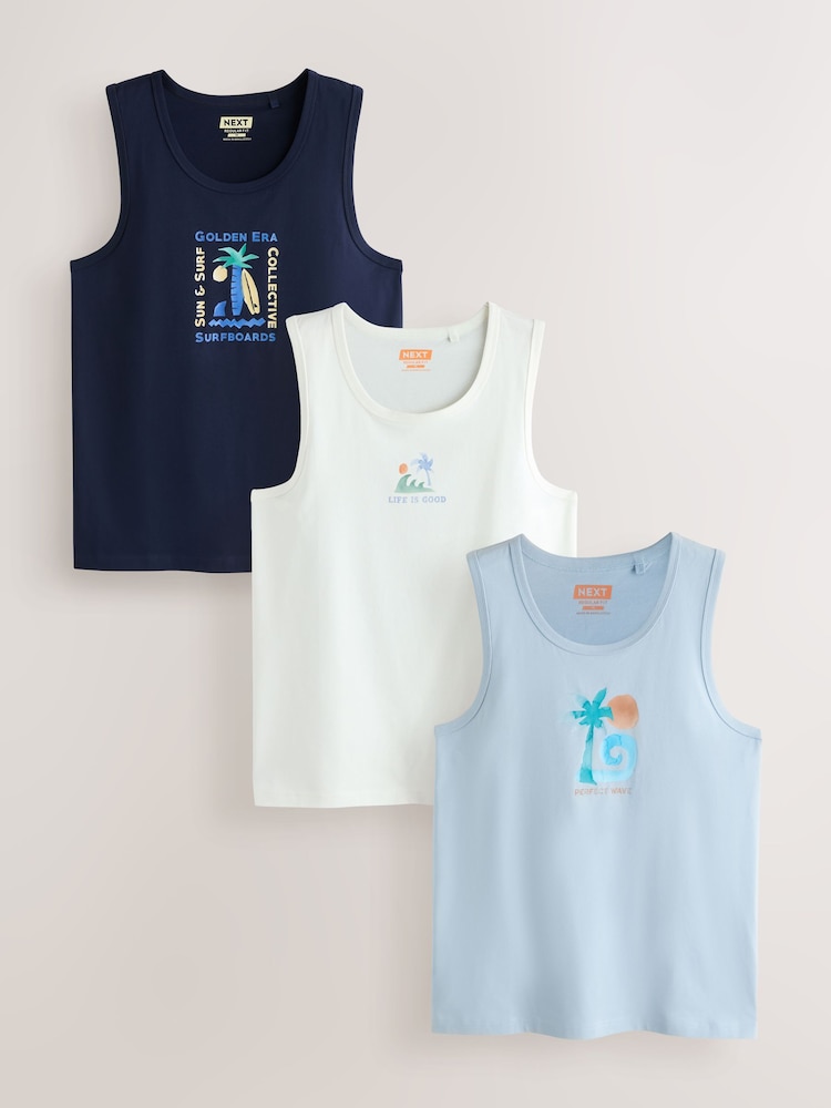 Blue/White/Black Stamp Graphic Vests 3 Pack - Image 1 of 9 Blue/White/Black Stamp Graphic Vests 3 Pack - Image 1 of 9