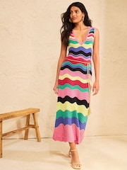Love & Roses Multicoloured Crochet Wavy Striped Knitted Midi Dress - Image 1 of 4