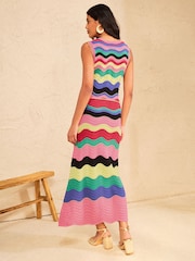 Love & Roses Multicoloured Crochet Wavy Striped Knitted Midi Dress - Image 2 of 4