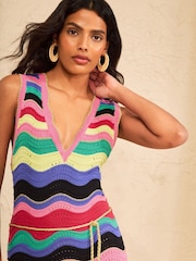 Love & Roses Multicoloured Crochet Wavy Striped Knitted Midi Dress - Image 3 of 4