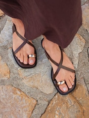 Linzi Brown Mist Strappy Flat Sandals With Toe Ring - Image 1 of 5