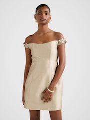 Forever New Gold Mandy Petite Bardot Ruffle Neck Mini Dress - Image 1 of 5