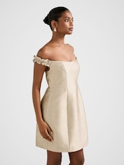 Forever New Gold Mandy Petite Bardot Ruffle Neck Mini Dress - Image 2 of 5
