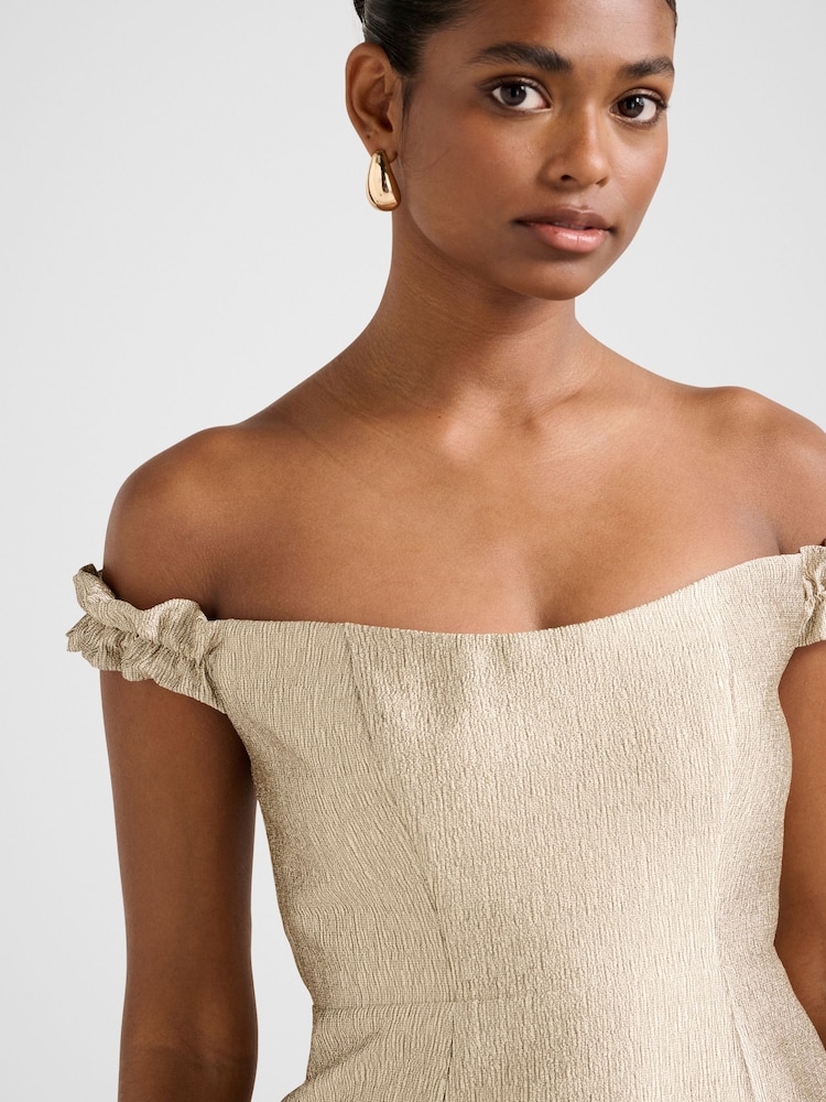 Forever New Gold Mandy Petite Bardot Ruffle Neck Mini Dress - Image 5 of 5 Forever New Gold Mandy Petite Bardot Ruffle Neck Mini Dress - Image 5 of 5