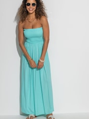 Pour Moi Teal Strapless Shirred Bodice Woven Maxi Beach Dress - Image 1 of 4