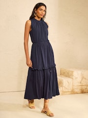 Love & Roses Navy Frill Tie Back Tiered Jersey Sleeveless Midi Dress - Image 1 of 5