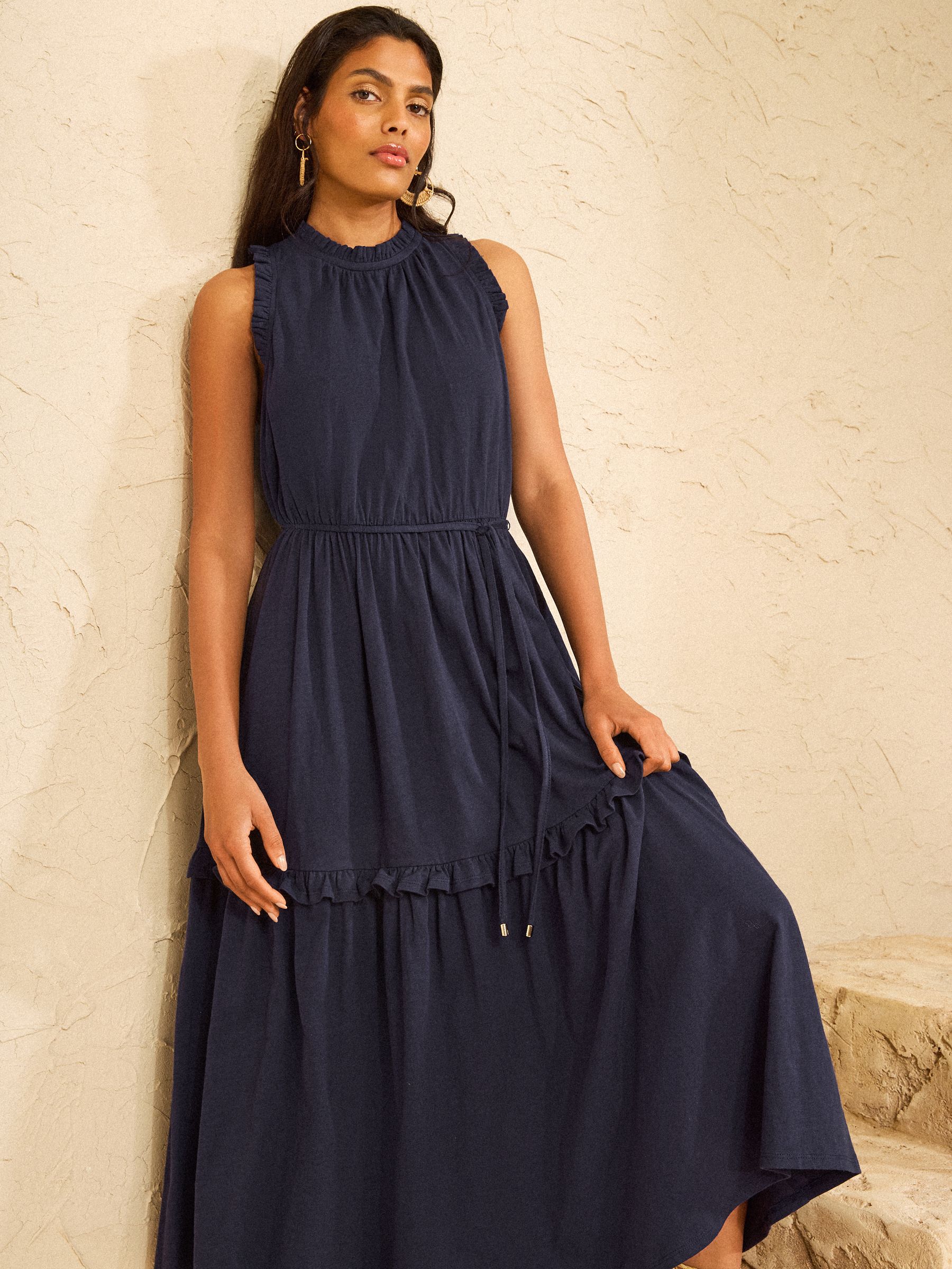 Buy Love & Roses Navy Frill Tie Back Tiered Jersey Sleeveless Midi