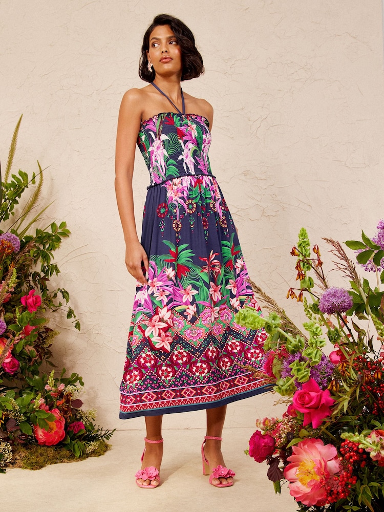 Love & Roses X V&A Navy Printed Hanky Hem Midi Dress - Image 1 of 5