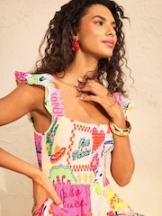 Love & Roses Ivory Taco Print Boat Print Ruched Midi Dress - Image 2 of 5