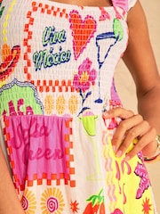 Love & Roses Ivory Taco Print Boat Print Ruched Midi Dress - Image 4 of 5