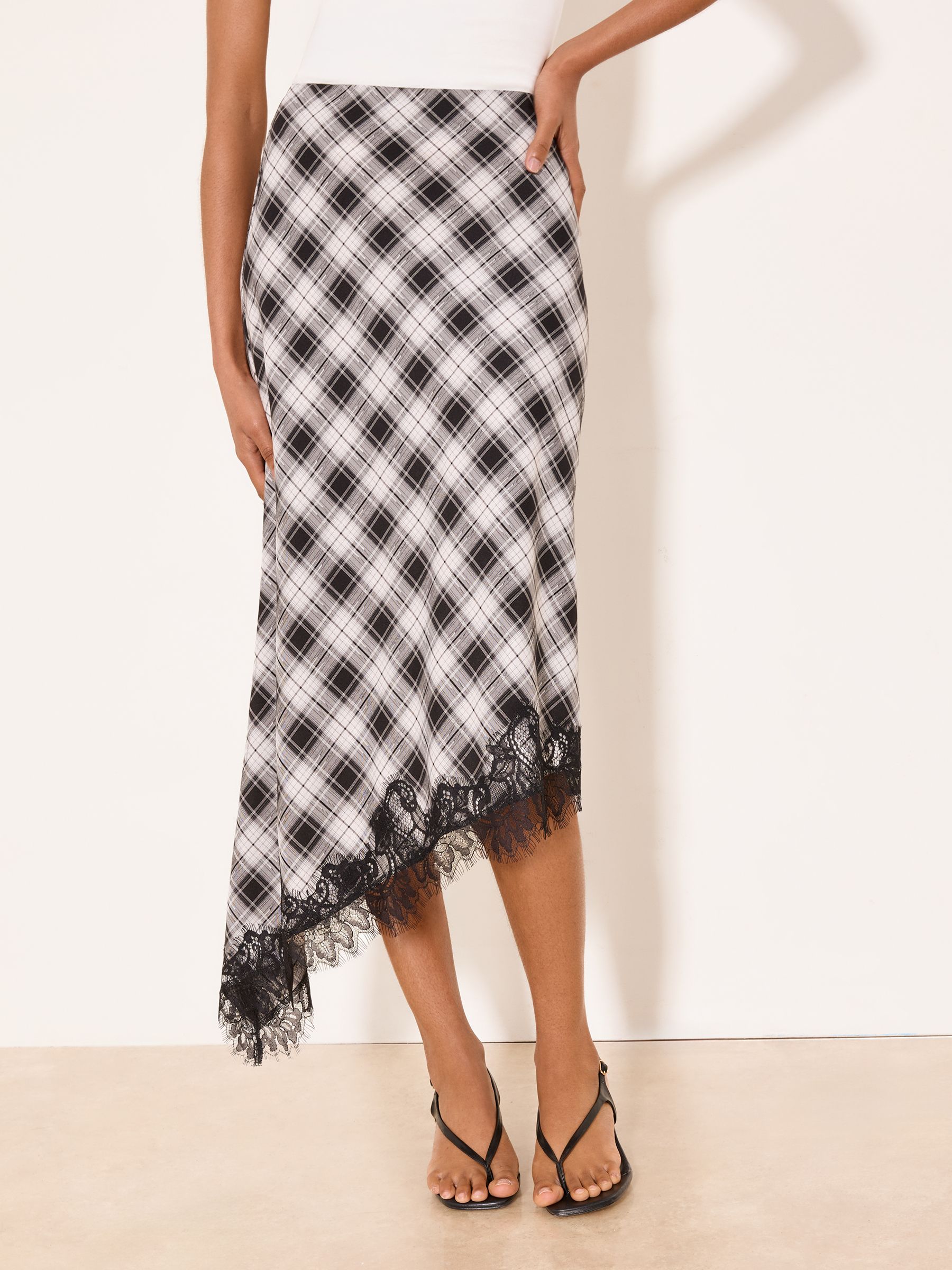 Buy Lipsy Black & White Check Asymmetrical Lace Hem Midi Skirt
