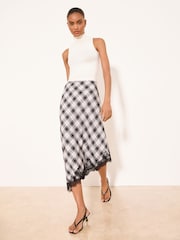 Lipsy Black & White Check Asymmetrical Lace Hem Midi Skirt - Image 2 of 5