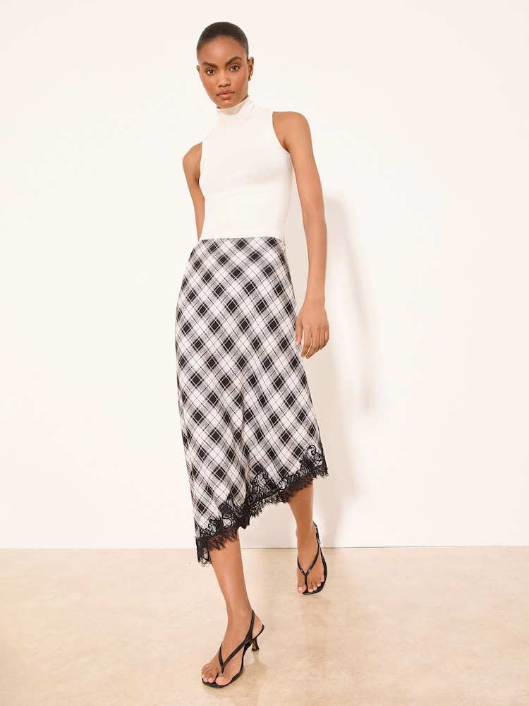 Lipsy Black & White Check Asymmetrical Lace Hem Midi Skirt - Image 2 of 5