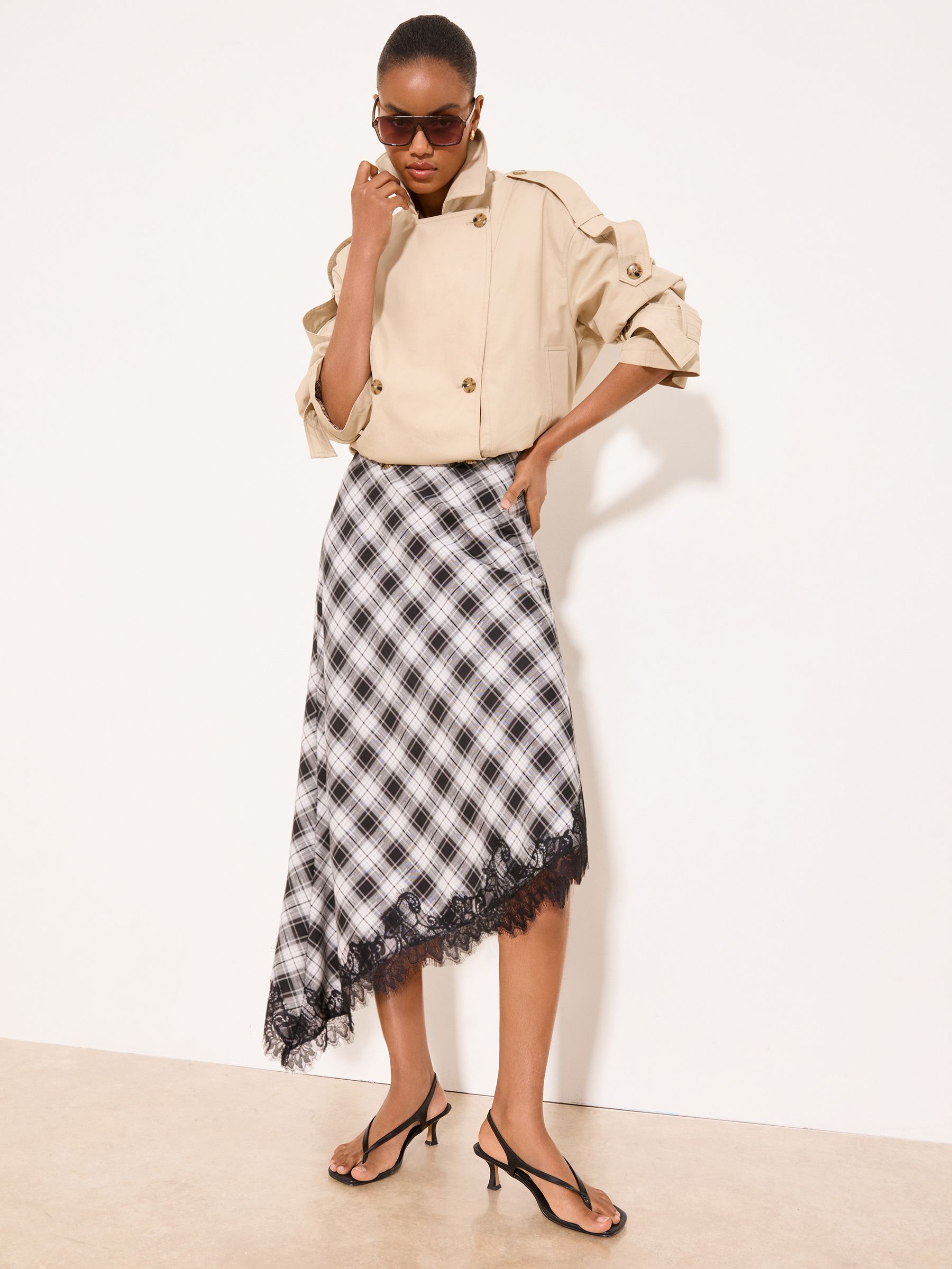 Buy Lipsy Black & White Check Asymmetrical Lace Hem Midi Skirt
