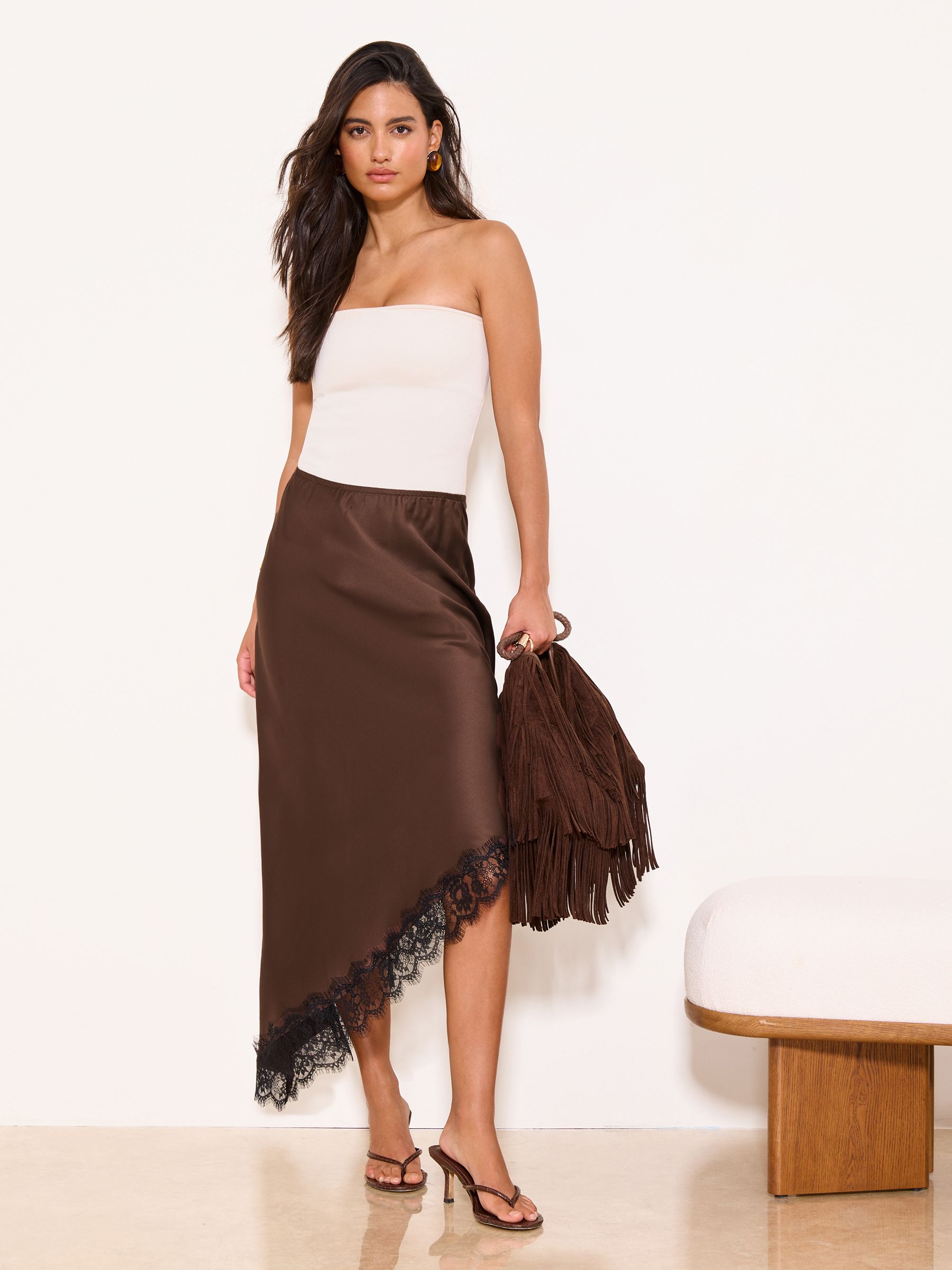 Buy Lipsy Chocolate Brown Black Lace Satin Asymmetric Midi Skirt