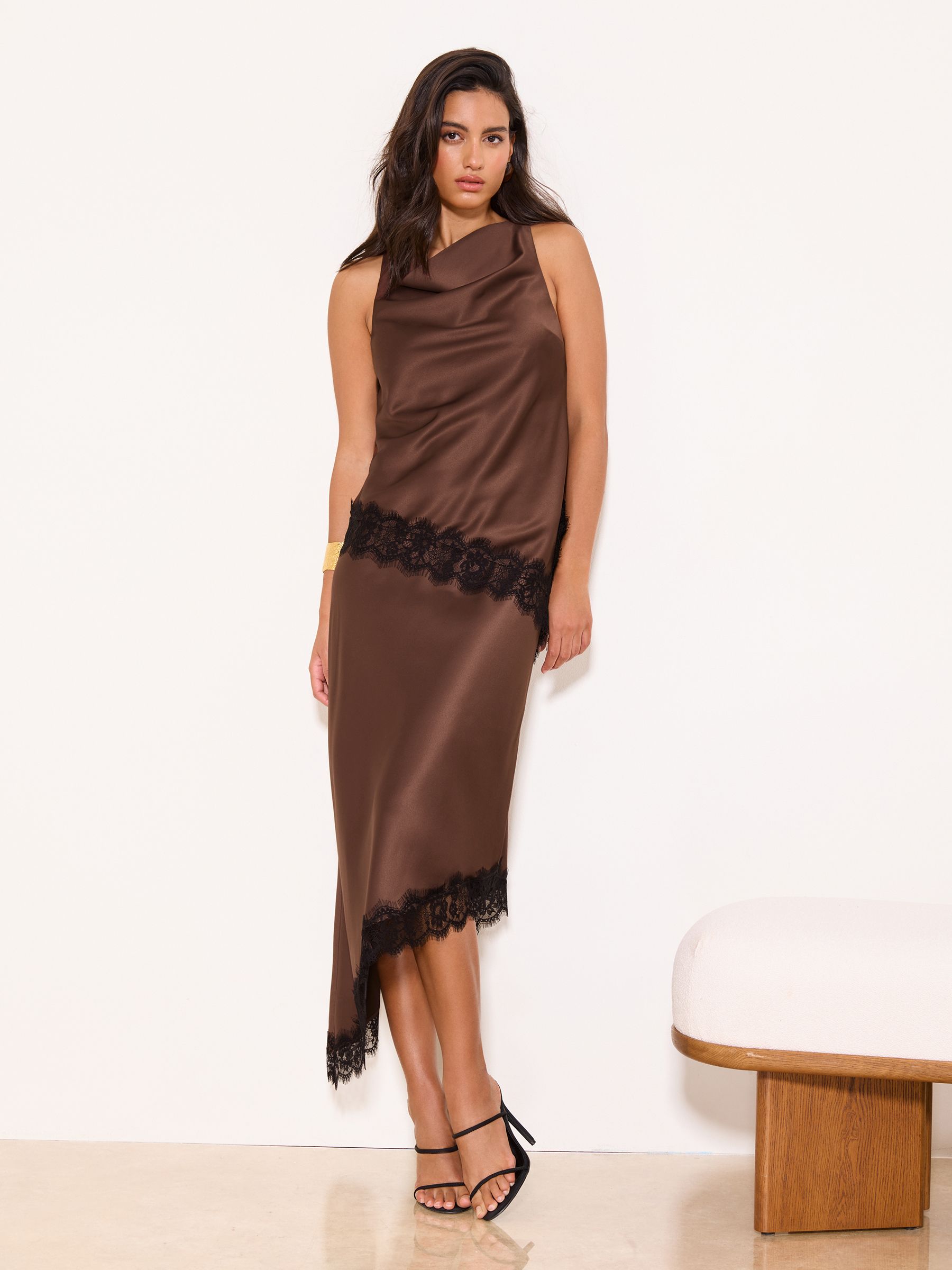 Buy Lipsy Chocolate Brown Black Lace Satin Asymmetric Midi Skirt