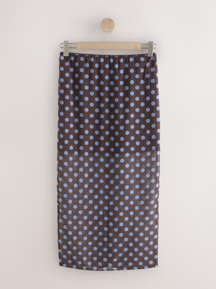 Chocolate Brown/Blue Polka Dot Lightweight Midi Skirt - Image 1 of 3 Chocolate Brown/Blue Polka Dot Lightweight Midi Skirt - Image 1 of 3