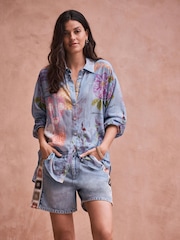 National Trust Blue Sketched Print Tencel Long Sleeve Lightweight Shirt - Image 1 of 5