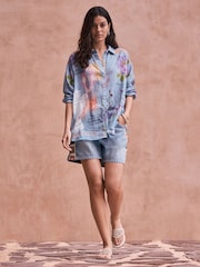 National Trust Blue Sketched Print Tencel Long Sleeve Lightweight Shirt - Image 2 of 5