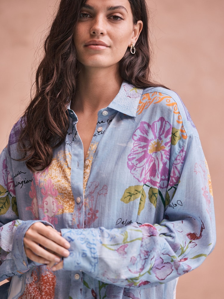 National Trust Blue Sketched Print - Tencel Long Sleeve Lightweight Shirt - Obraz 6 z 6