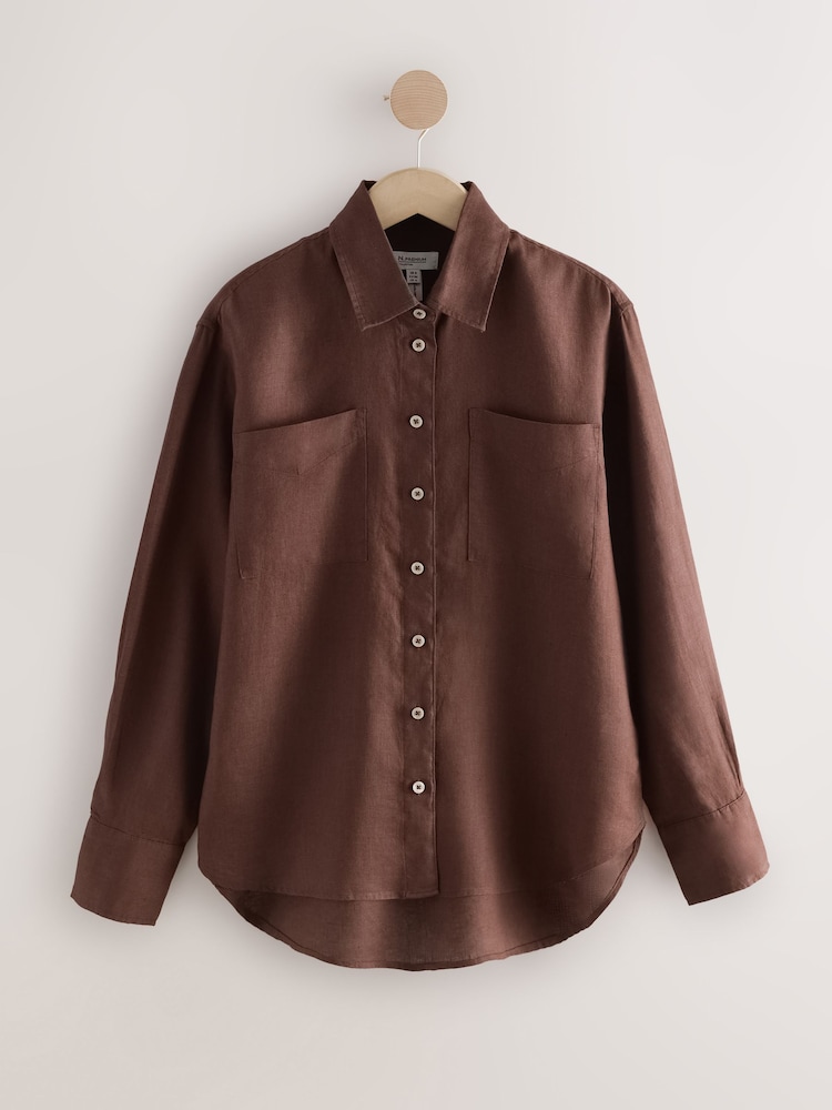 Chocolate Brown 100% Linen N. Premium Long Sleeve Shirt - Image 7 of 7