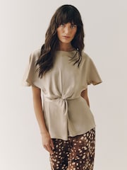 Champagne Gold Textured Satin Short Sleeve Twist Front Top - Image 2 of 8