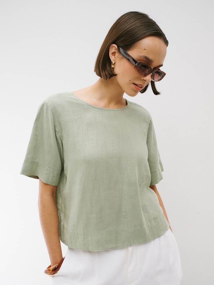 Sage Green/Yellow Polka Dot Print - Short Sleeve Boxy T-Shirt With Linen 2 Pack - 5න් 1 වන රූපය
